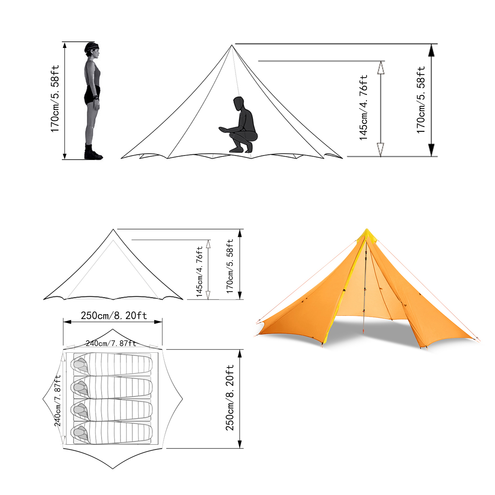 Cheap Goat Tents Ultralight 2 4 Person 680g Outdoor Camping Tent 20D Nylon 2 side Silicone Coated Rodless Pyramid Flysheet 4 Season 2 Window Tent   